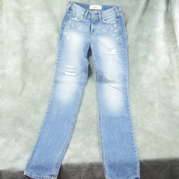 NEW HOLLISTER California SKINNY JEGGINGS Blue Distressed Rhinestones 23x31 NWOT - Picture 4 of 12